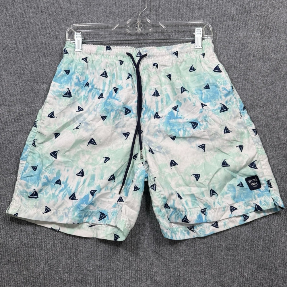 Spicy Tuna Sailboat Swim Trunks Men's Small Blue Green Nautical Shorts